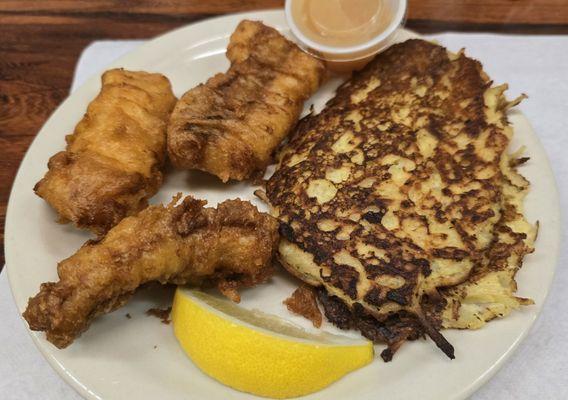 All you can eat beer battered cod with potato pancakes