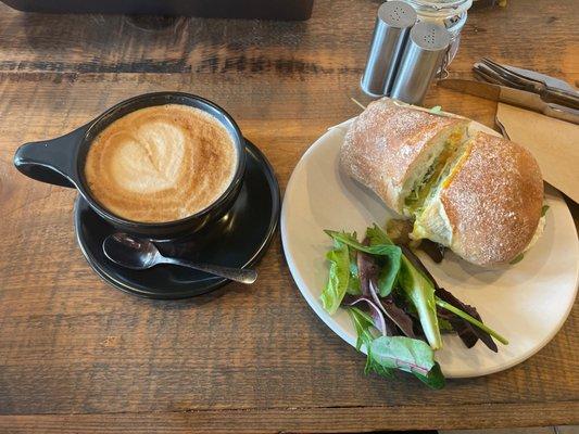 Latte and breakfast sandwich to die for!