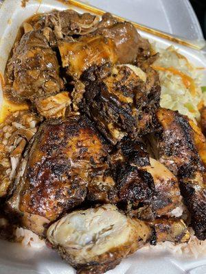 Brown stew chicken and jerk chicken