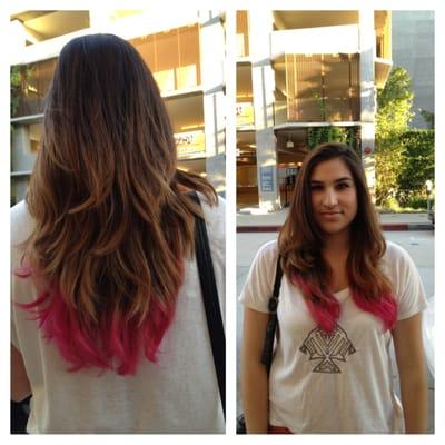 pink ends + ombre. very layered haircut to  add movement to her natural wavy texture.