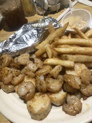 Two seafood shrimp and scallops grilled with two sides $15