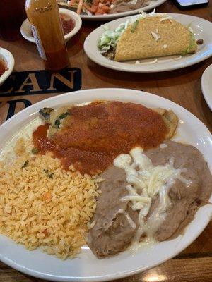 Lunch special #3. Chili Relleno, taco, rice and beans.