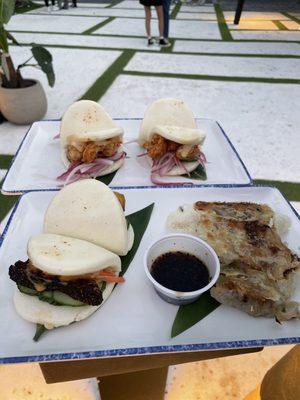 Shrimp buns and veggie gyozas