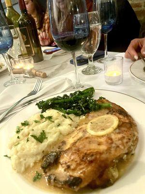 Chicken franchese with mashed potatoes & broccoli rabe