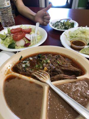 Birria de Rez - meat was so tender and the broth was very tasty . Food was NOT salty at all . Perfect !