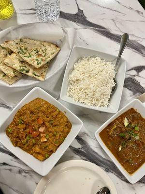 Baingan Bharta, Goat Curry sp., Garlic Naan and Rice