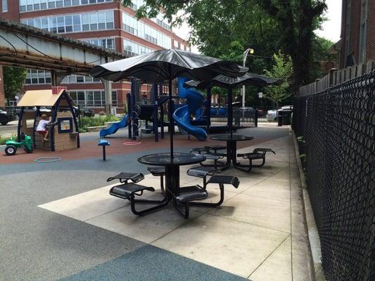 Two shaded picnic tables