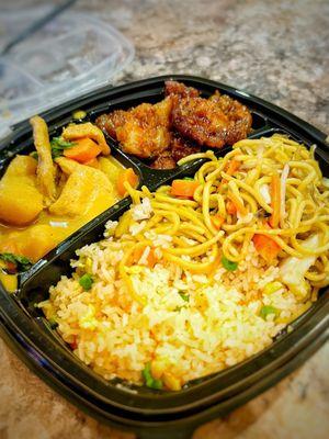 Yellow Curry and Orange Chicken with Fried Rice and Chow Mein