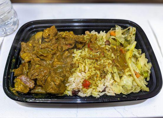 Curry Goat with Rice & Peas and Cabbage