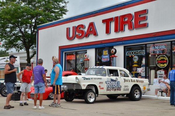 Automotive neon signs from the past and museum quality gas pumps and automotive memorabilia are everywhere, along with tires and tire repair