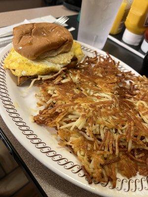 Grilled Chicken with an egg, extra crispy hash browns