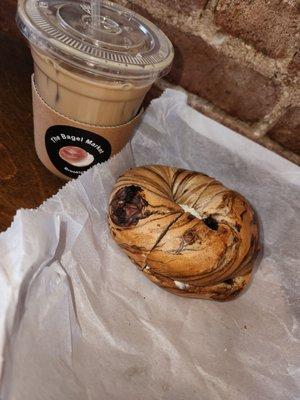 Small iced caramel coffee with a cinnamon raisin bagel 1/25/2023