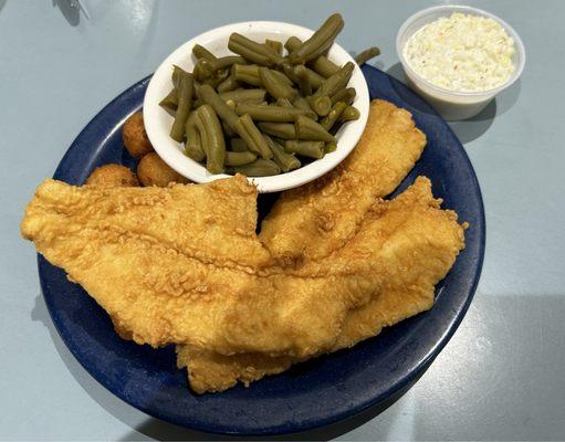 Flounder with green beans, slaw and hush puppies