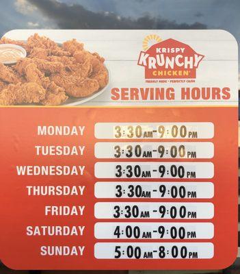 Serving and take out Hours