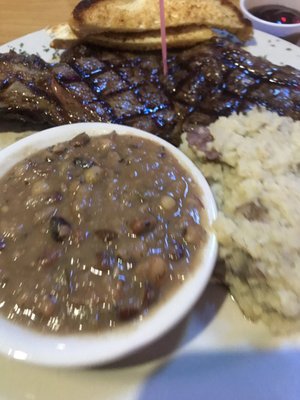 Peas and snaps, mashed potatoes and ribeye..