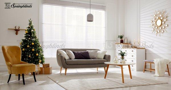 Premium White Wood Blinds with Christmas Interior in Contemporary Living Room