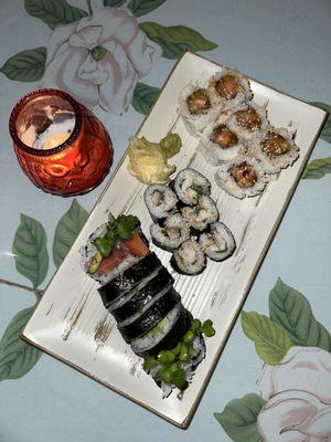 Spicy salmon roll, Negi-Hama handroll, and Paradise roll