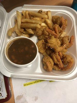 15pc shrimp with fries and beans