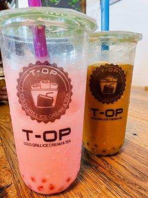 Strawberry Milk Tea with Strawberry popping boba  And Thai Milk Tea with mango popping boba