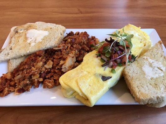 Cowboy Omelette, chourico hash, sourdough