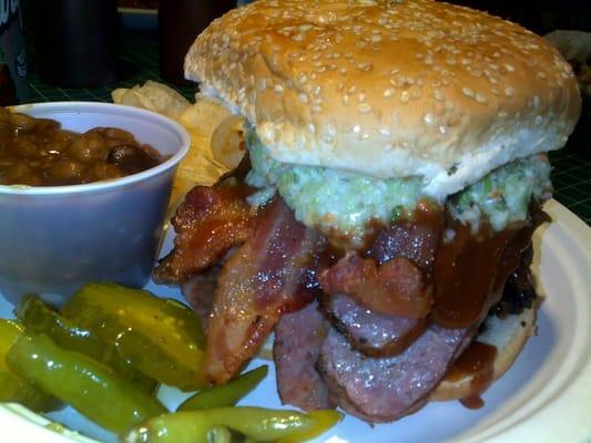 The Tipsy Texan! Smoked Brisket, Sliced hot links, BACON, slaw on a kaiser roll.