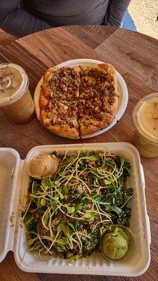 The balsamic flatbread, glo grain bowl, lavender latte and golden milk latte