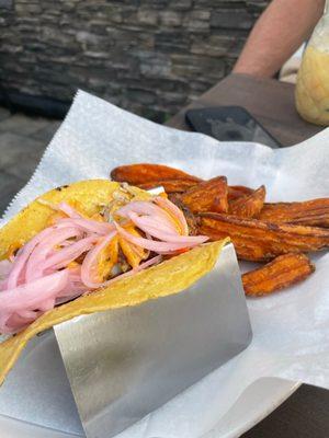 Tacos with sweet potato fries.