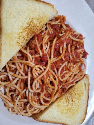 Spaghetti with meat sauce...Pretty tasty and there was much more meat sauce hidden under the pasta lol