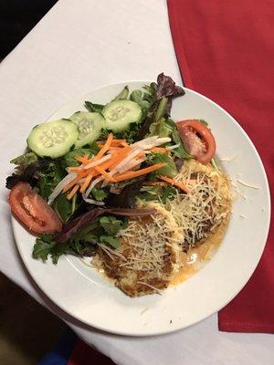 Crab cakes and salad.