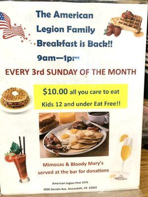 Legion Breakfadt for members only every third Sunday