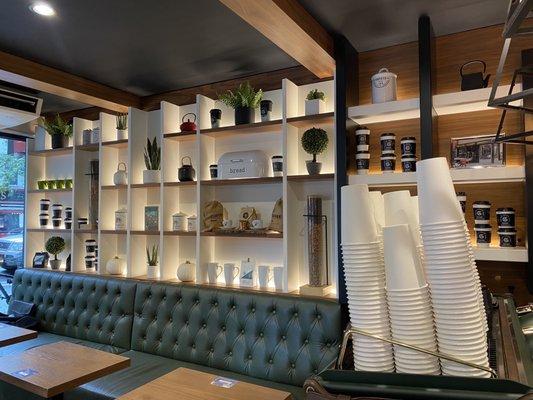 Beautiful shelf set up above seating area