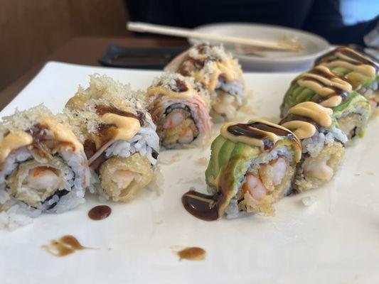 Red Dragon Roll (left) and Shrimp Special Roll (right)