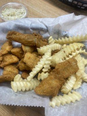 Fresh Popcorn Shrimp with French fries and Tator Tots