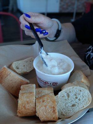 New England Clam Chowder Soup with an extra side of bread