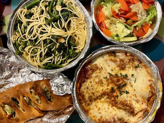 Bland and bad: Pasta with Broccoli Rabe in Garlic and Oil with free salad, Eggplant Parmigiana, Grilled Chicken Roll with Broccoli