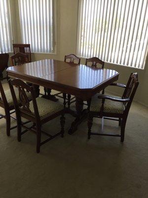 Our recently refinished dining table and 6 chairs! Yay!