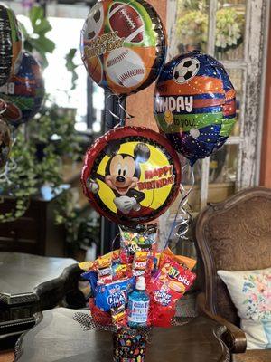 Candy & snack basket with Mylar balloons