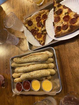 Pizza and breadsticks