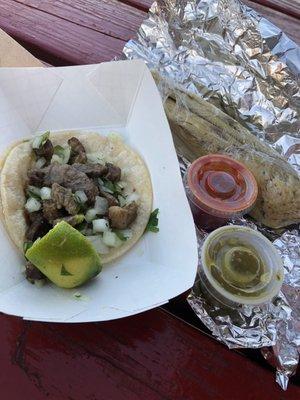 One steak taco and one chicken tamale.  Both very good!