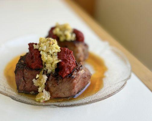 Grilled Beef Tongue w/ smoky beet dip, cabbage salsa verde, chili crunch | $26