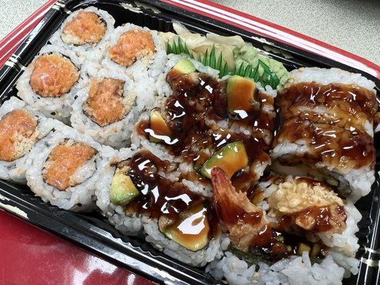 Spicy salmon, eel avocado and shrimp tempura rolls as part of another three sushi roll lunch special.