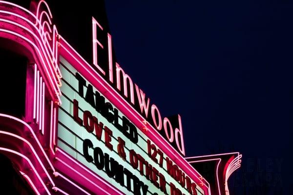 Elmwood Theater neon lights up College Avenue ... lots of great restaurant for dinner after the show.  #Elmwood #Berkeley