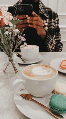 Cappuccino + pistachio and vanilla macarons