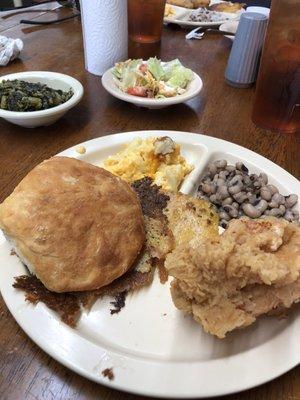 Fried chicken, black eyes, mac 'n cheese, cornbread under a good biscuit. Greens and a simple salad in the back.