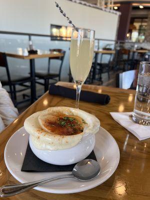 Lavender Lemonade Mimosa and Baked French Onion Soup