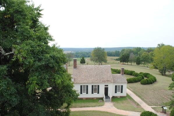 Aerial view of the reconstructed Henry home and the Staunton River Valley