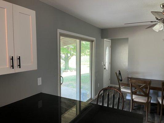 The kitchen. All new floor. Drywall. Doors and cabinets. Granite counter tops all done by Campbell Restoration