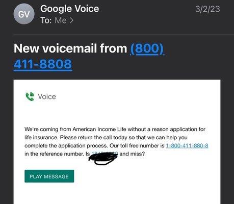 Voicemail preview of them asking me to complete the application in March but they started taking payments out in December.