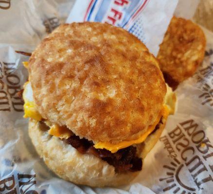 Crispy bacon, egg, and cheese biscuit combo.