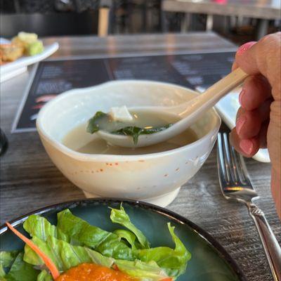 Salad and bowl of miso soup